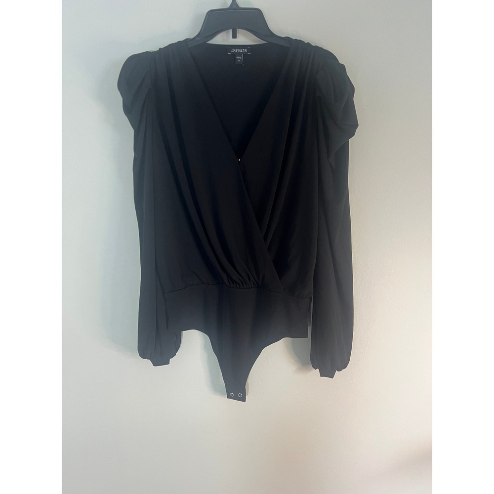 Express Black Puff Sleeve V-Neck Bodysuit Medium Wrap Front Bishop Sleeve